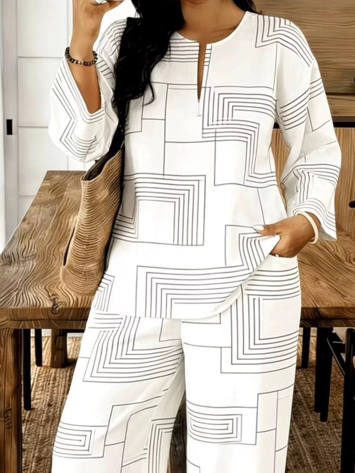 Geometric Print Relaxed Fit Top and Pants Set designed for comfort and style at Lookzlike
