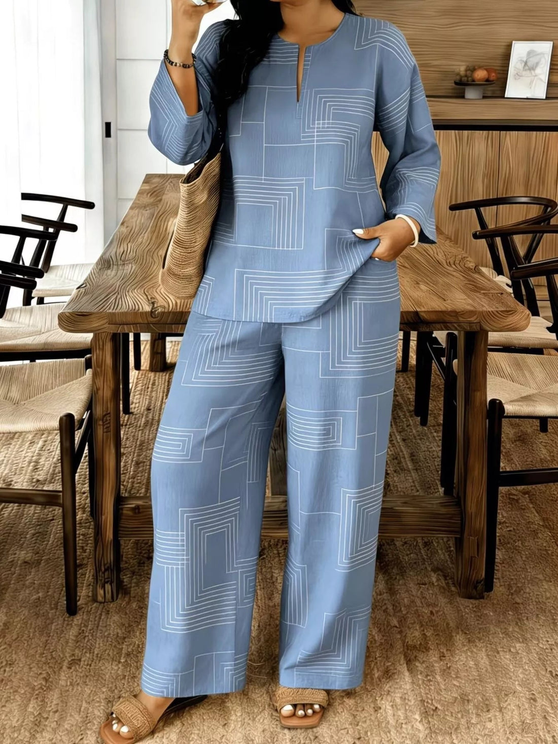 Geometric Print Relaxed Fit Top and Pants Set designed for comfort and style at Lookzlike