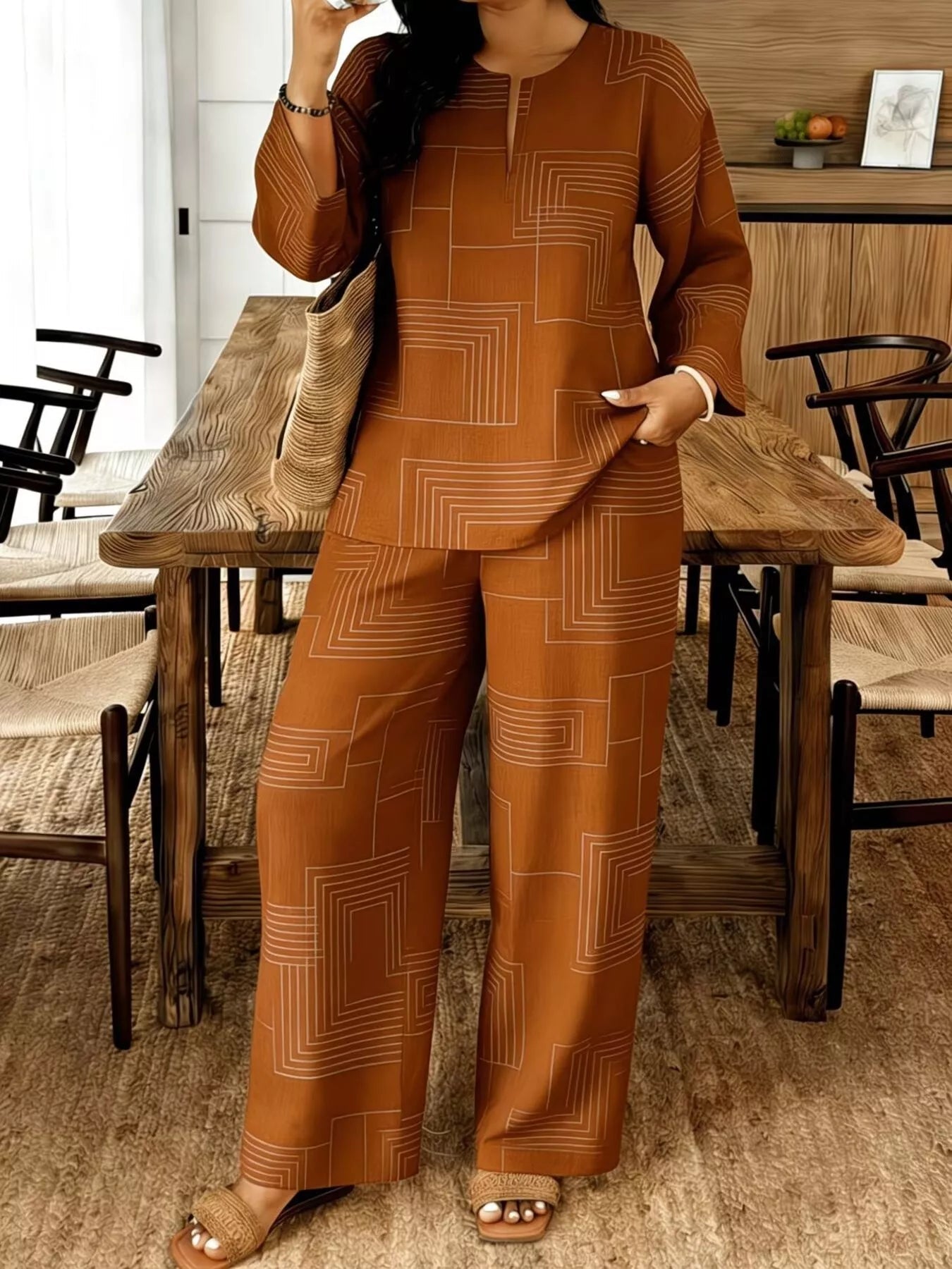 Geometric Print Relaxed Fit Top and Pants Set designed for comfort and style at Lookzlike