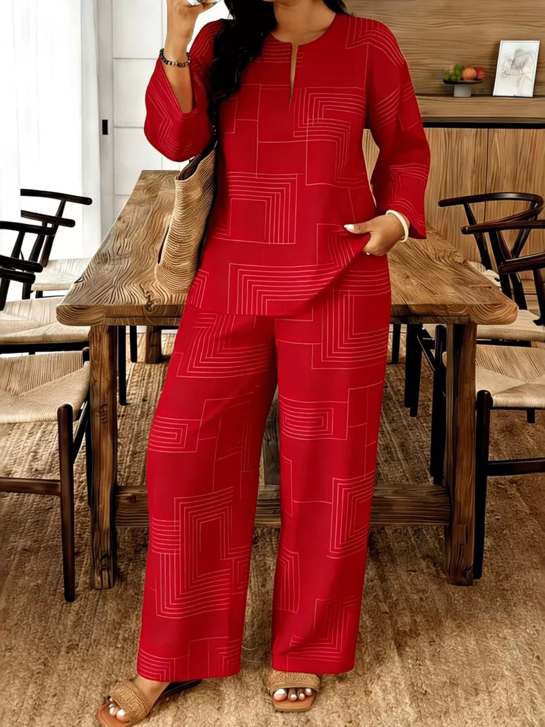 Geometric Print Relaxed Fit Top and Pants Set designed for comfort and style at Lookzlike