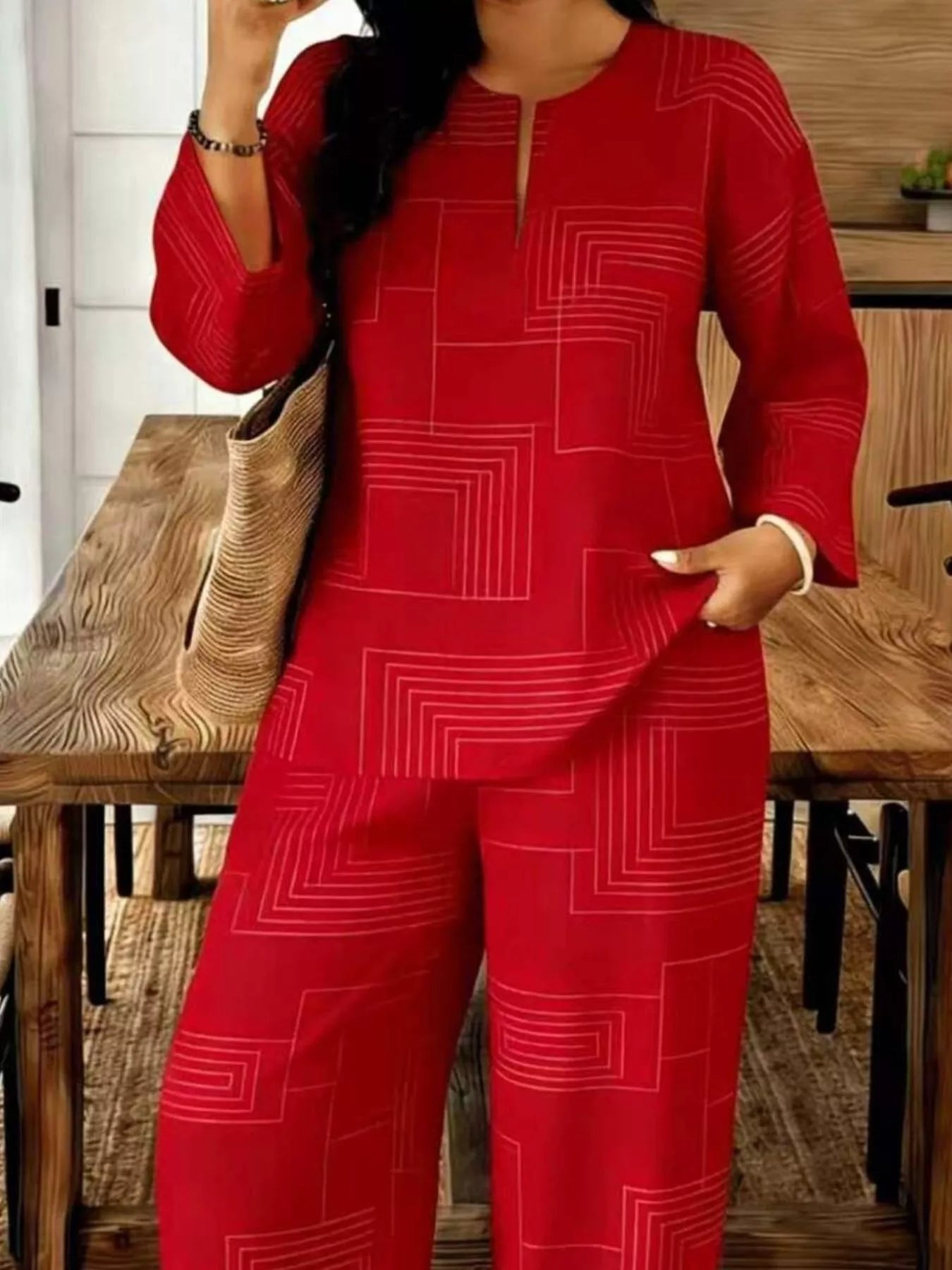 Geometric Print Relaxed Fit Top and Pants Set designed for comfort and style at Lookzlike