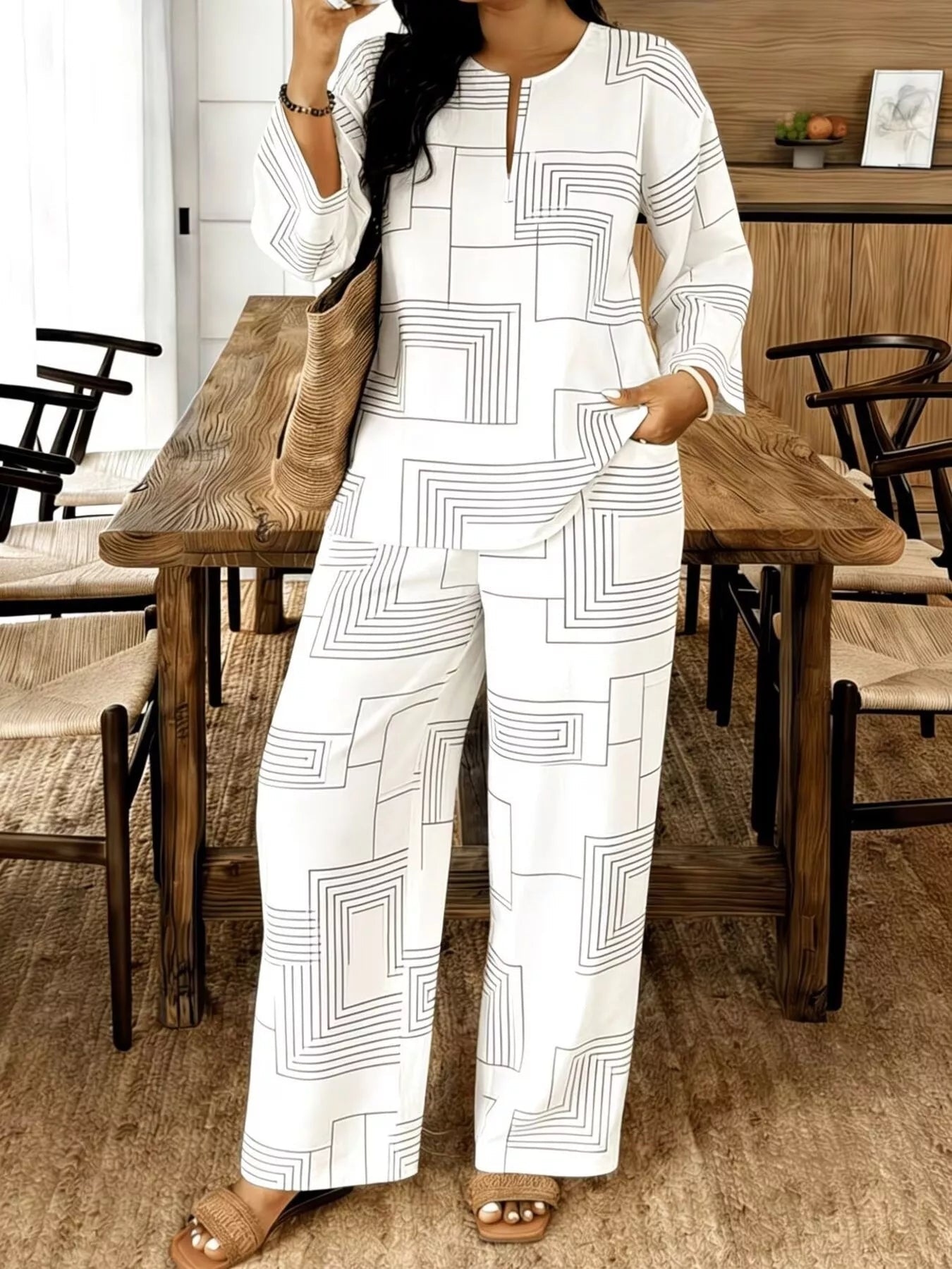 Geometric Print Relaxed Fit Top and Pants Set designed for comfort and style at Lookzlike