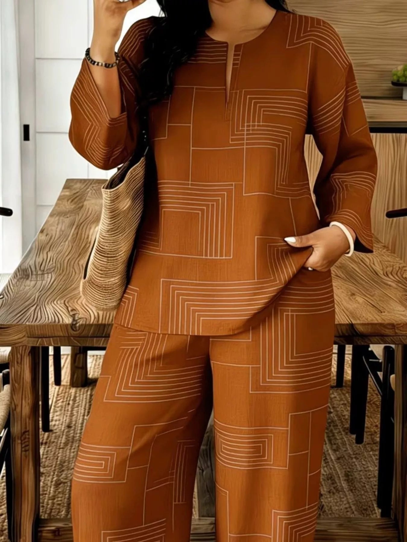 Geometric Print Relaxed Fit Top and Pants Set designed for comfort and style at Lookzlike