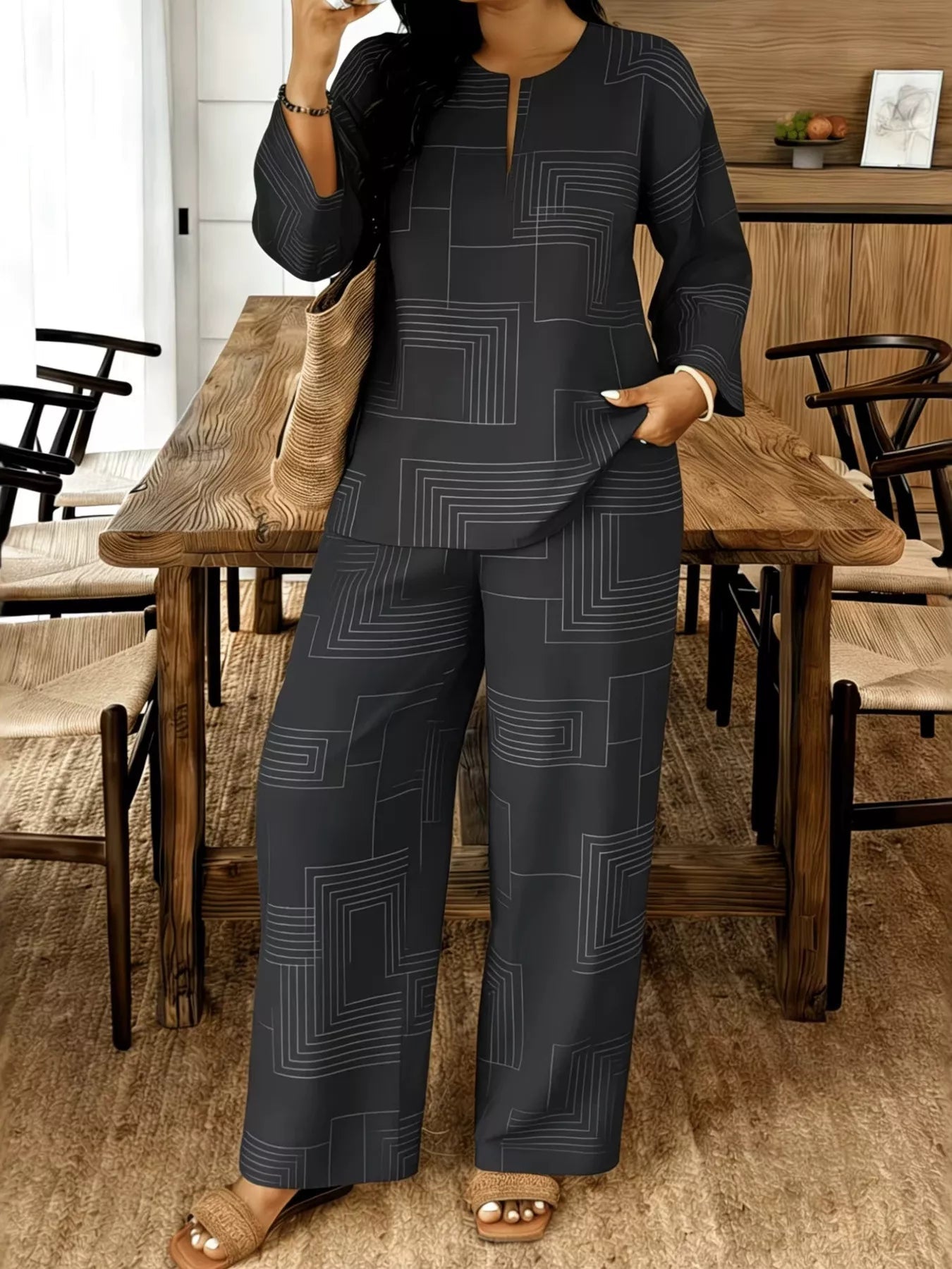 Geometric Print Relaxed Fit Top and Pants Set designed for comfort and style at Lookzlike