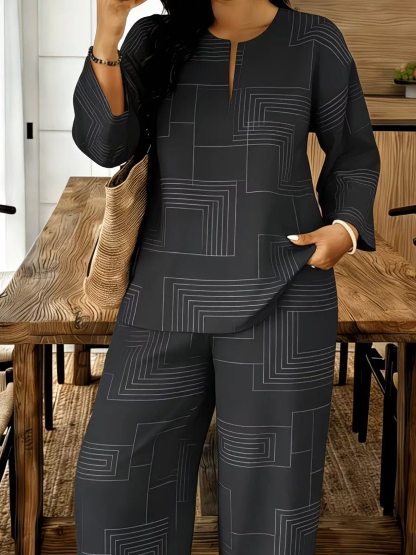 Geometric Print Relaxed Fit Top and Pants Set designed for comfort and style at Lookzlike