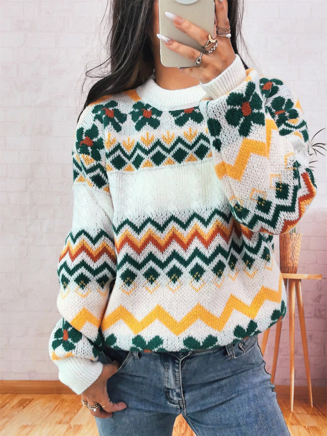 Geometric Round Neck Long Sleeve Sweater designed for comfort and style at Lookzlike