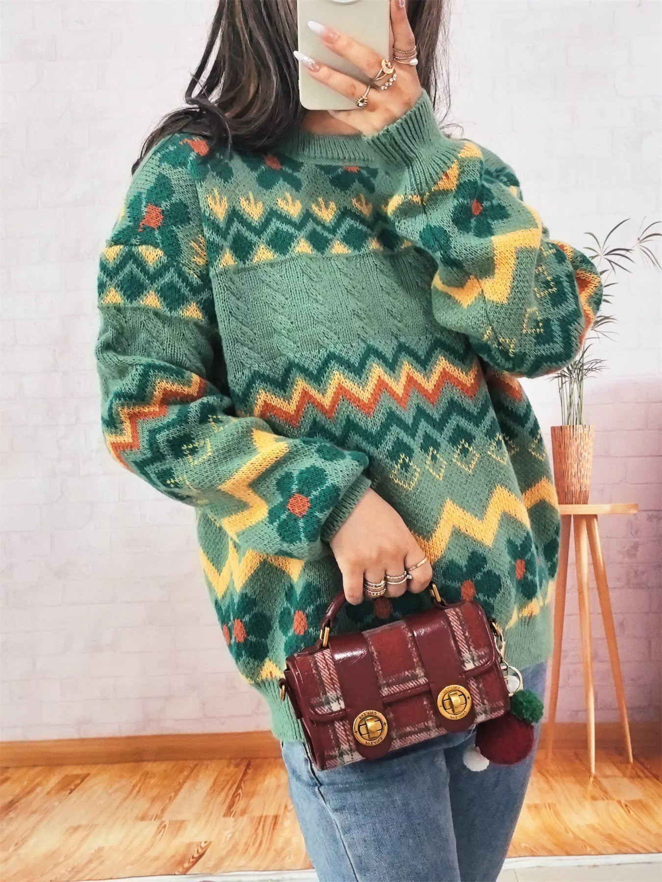 Geometric Round Neck Long Sleeve Sweater designed for comfort and style at Lookzlike