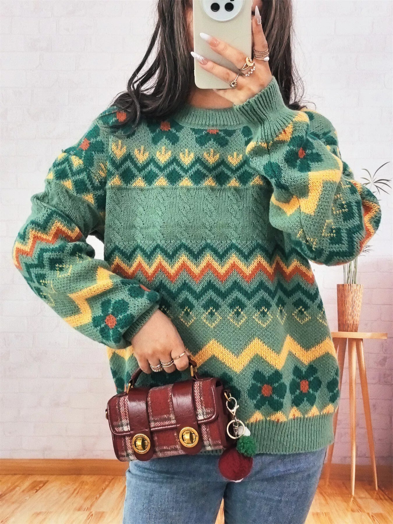 Geometric Round Neck Long Sleeve Sweater designed for comfort and style at Lookzlike