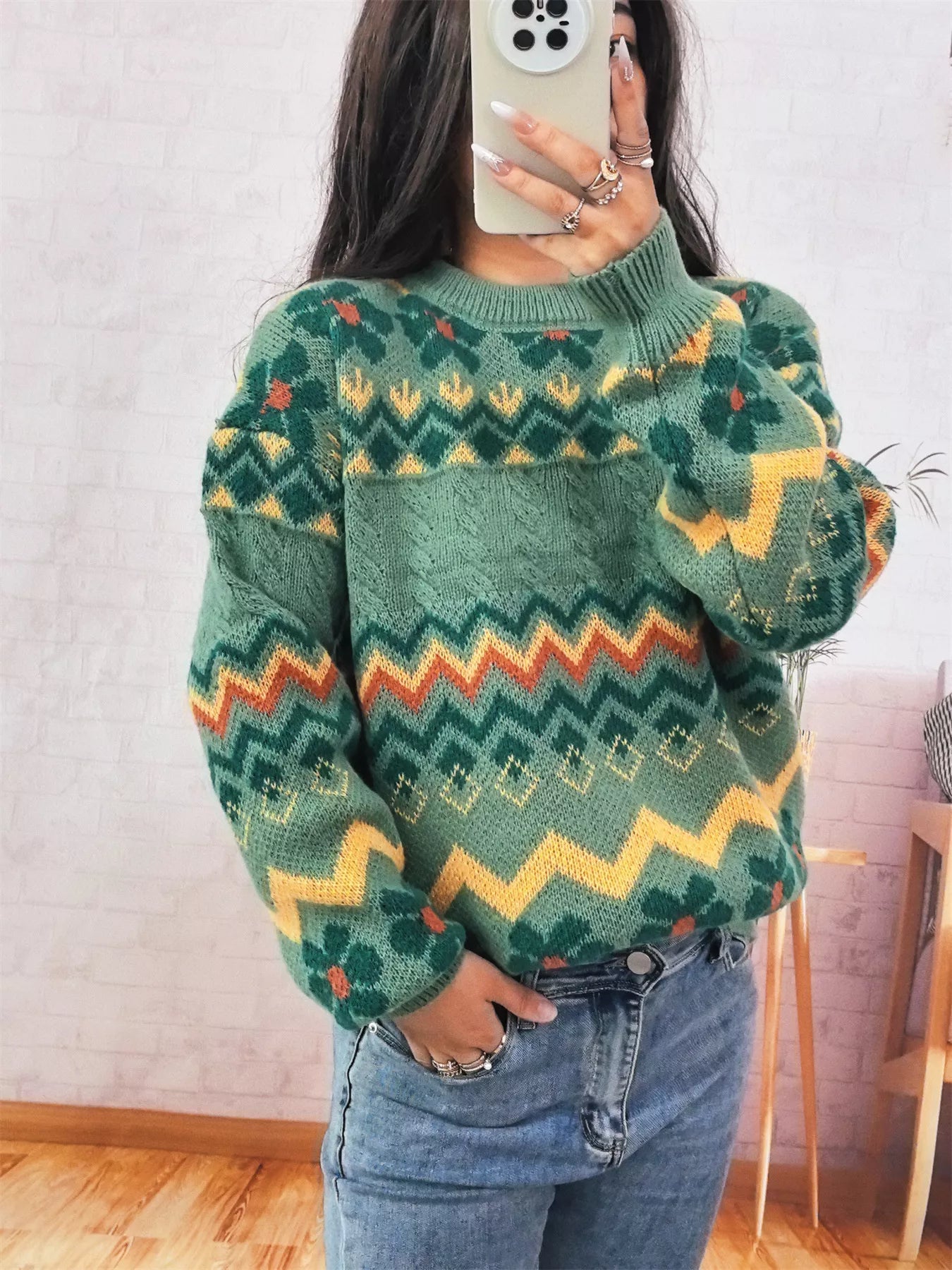 Geometric Round Neck Long Sleeve Sweater designed for comfort and style at Lookzlike