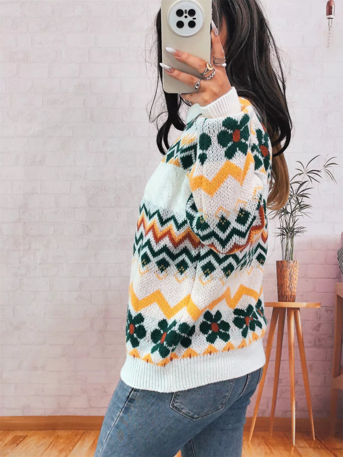 Geometric Round Neck Long Sleeve Sweater designed for comfort and style at Lookzlike