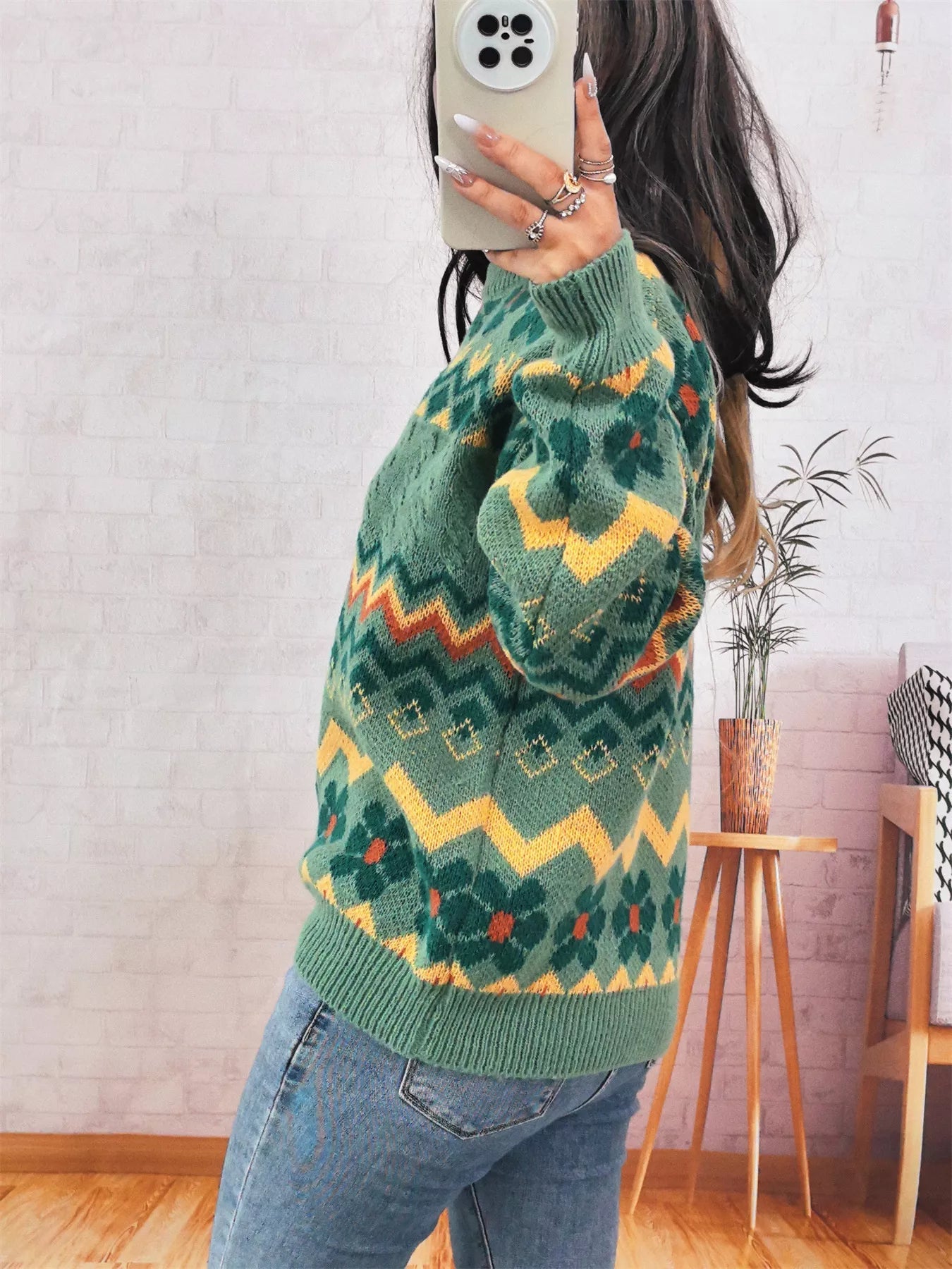 Geometric Round Neck Long Sleeve Sweater designed for comfort and style at Lookzlike