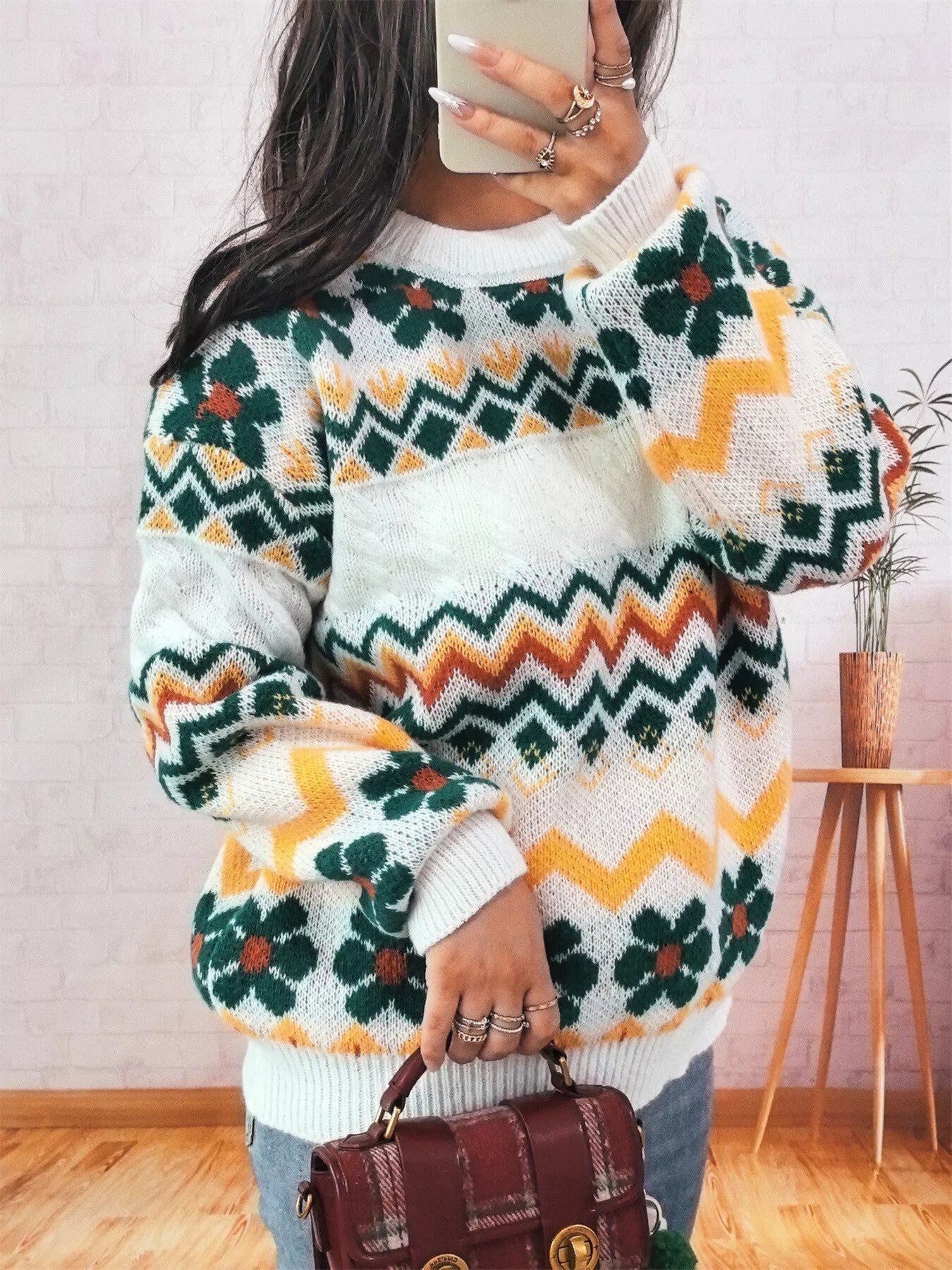 Geometric Round Neck Long Sleeve Sweater designed for comfort and style at Lookzlike