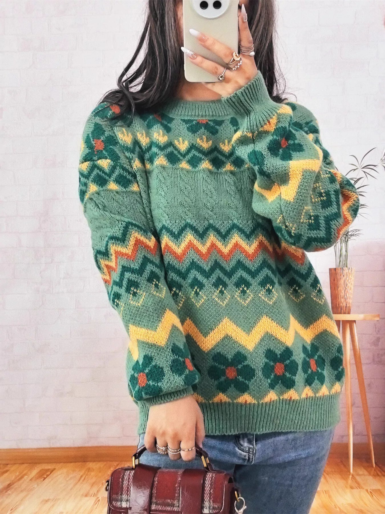 Geometric Round Neck Long Sleeve Sweater designed for comfort and style at Lookzlike