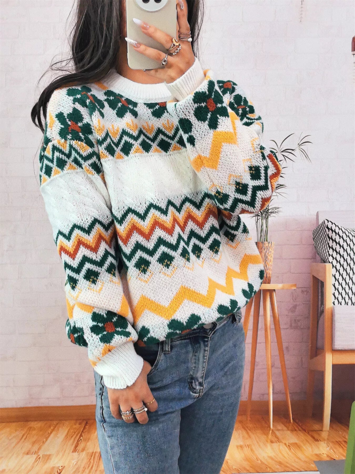 Geometric Round Neck Long Sleeve Sweater designed for comfort and style at Lookzlike