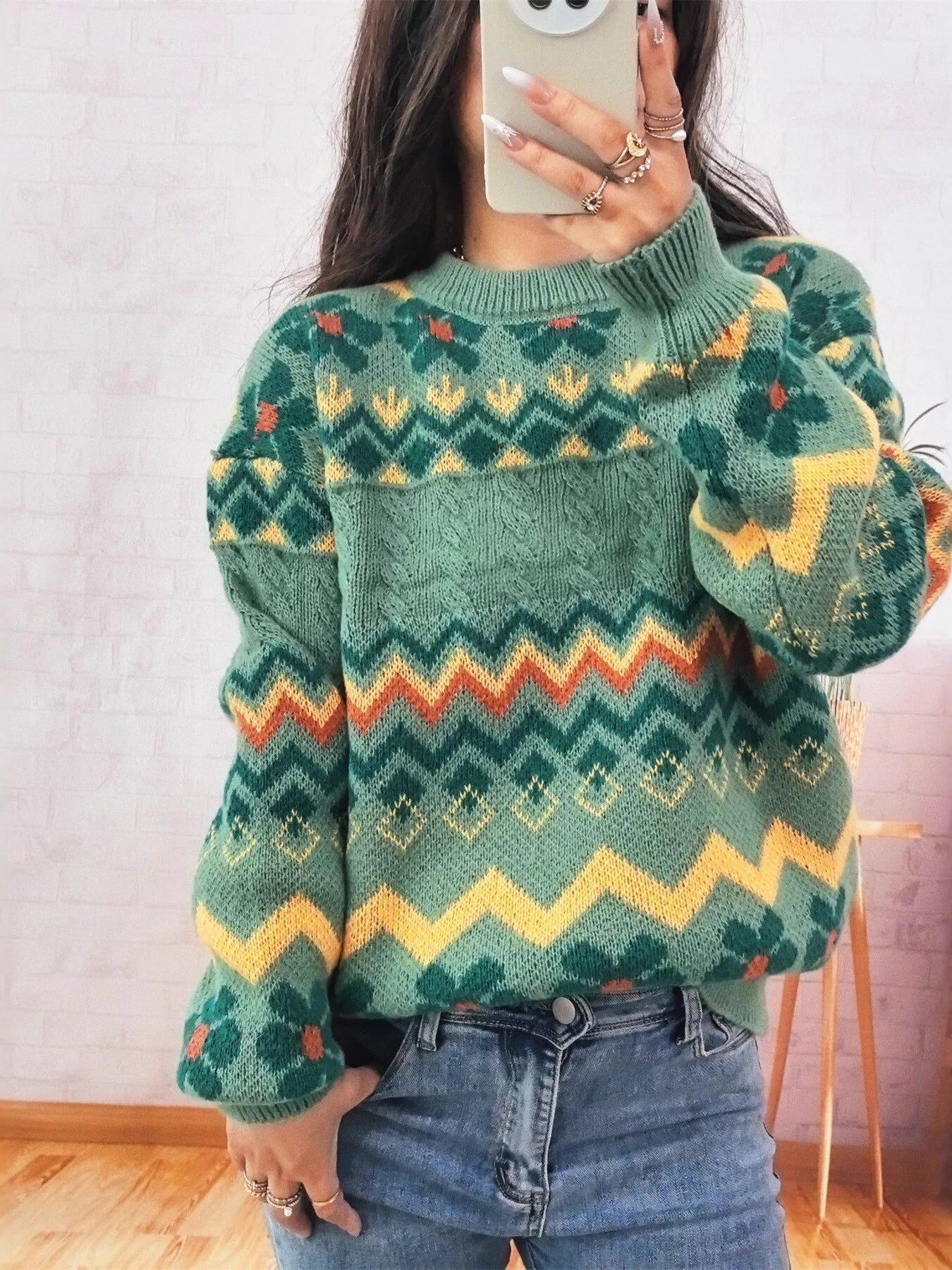 Geometric Round Neck Long Sleeve Sweater designed for comfort and style at Lookzlike