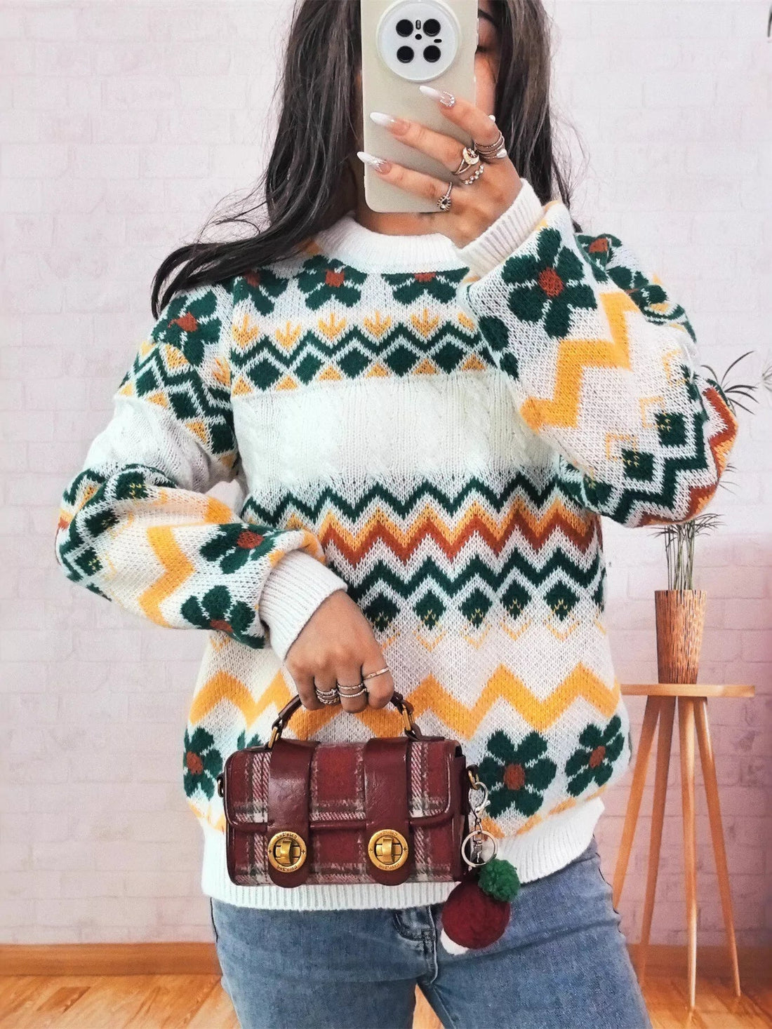 Geometric Round Neck Long Sleeve Sweater designed for comfort and style at Lookzlike