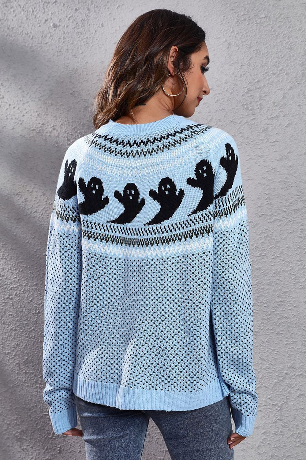 Ghost Pattern Round Neck Long Sleeve Sweater designed for comfort and style at Lookzlike