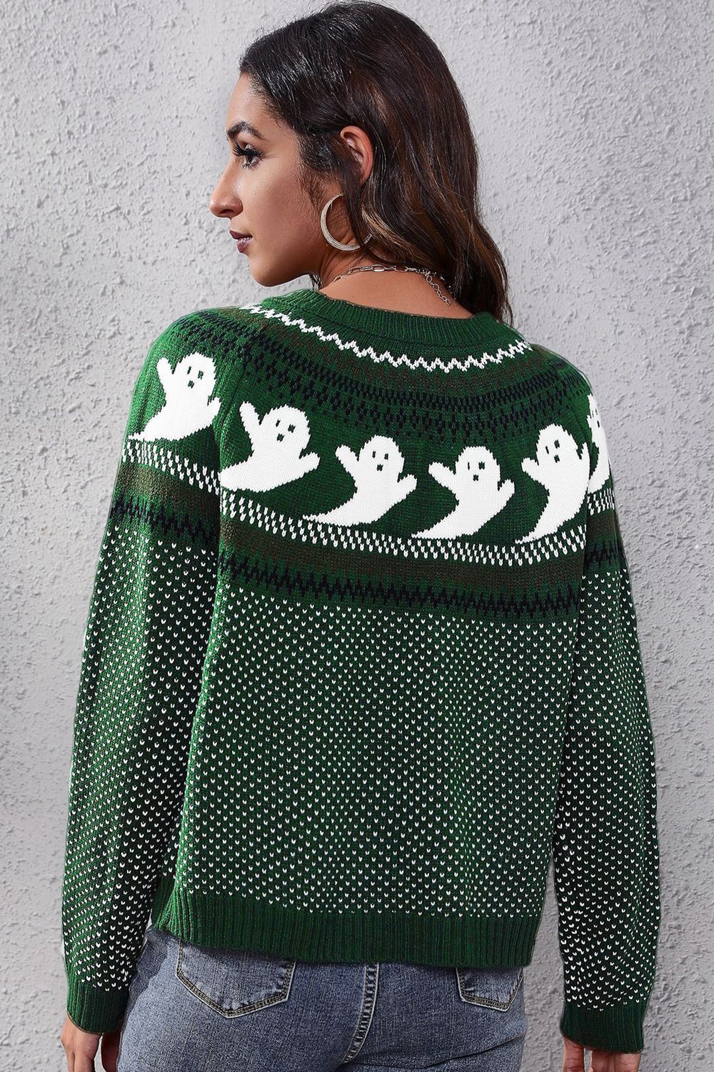 Ghost Pattern Round Neck Long Sleeve Sweater designed for comfort and style at Lookzlike