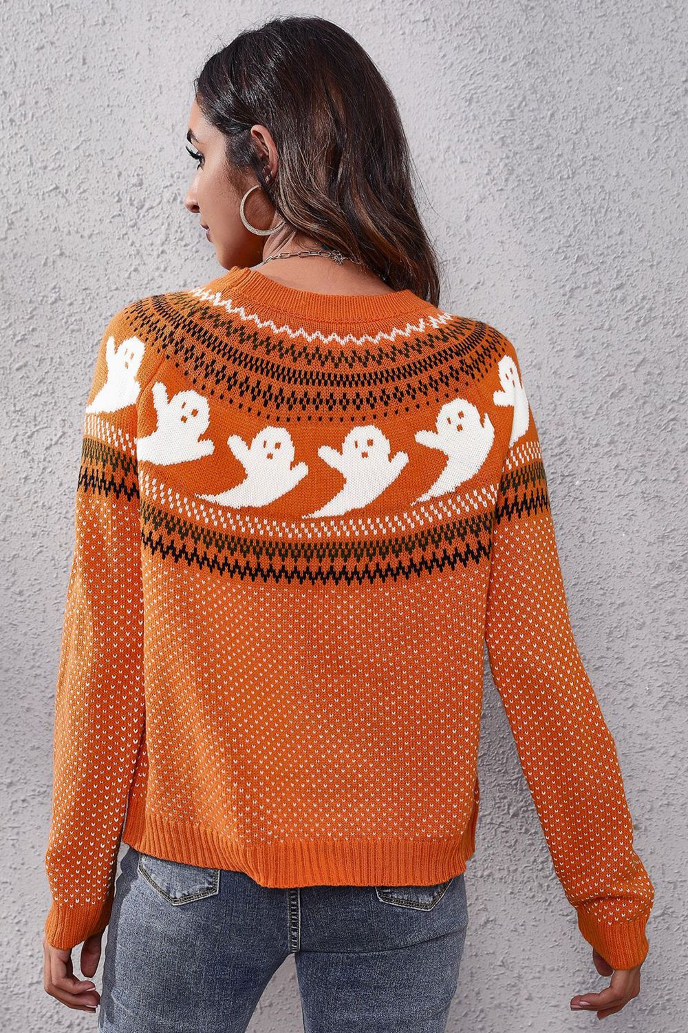 Ghost Pattern Round Neck Long Sleeve Sweater designed for comfort and style at Lookzlike
