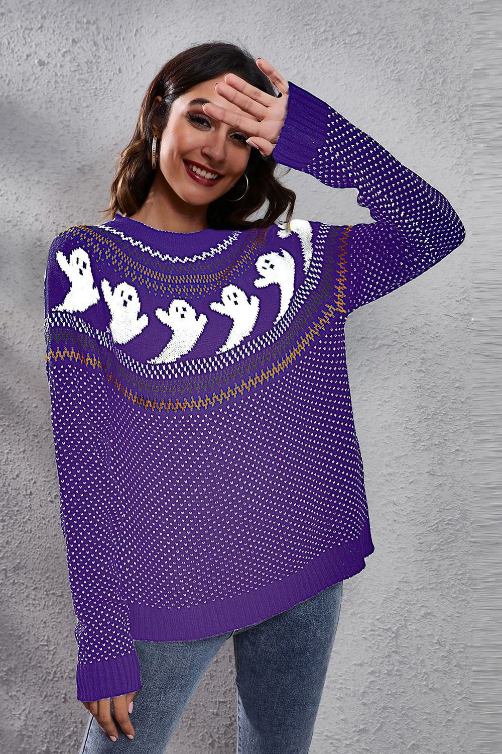 Ghost Pattern Round Neck Long Sleeve Sweater designed for comfort and style at Lookzlike