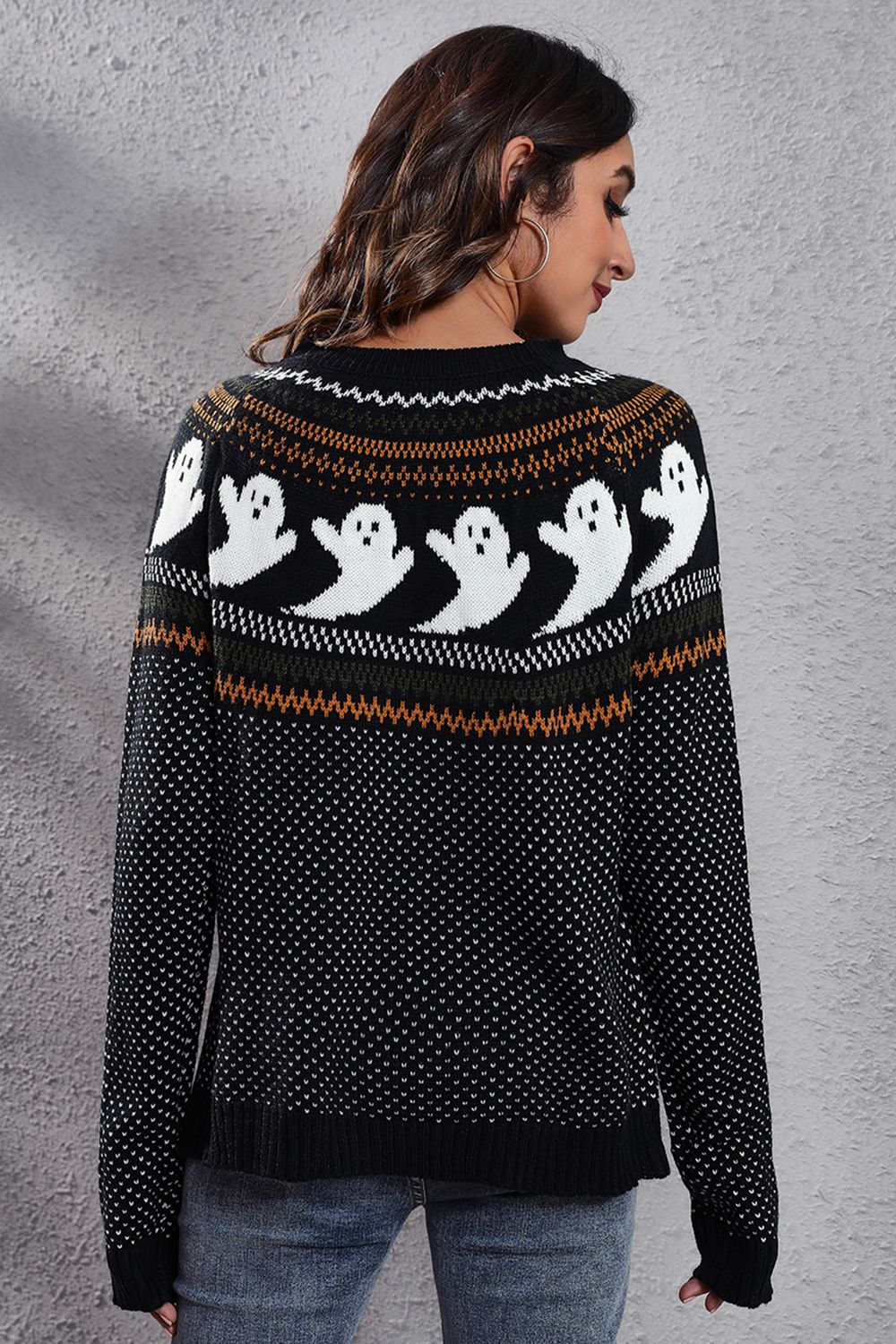 Ghost Pattern Round Neck Long Sleeve Sweater designed for comfort and style at Lookzlike