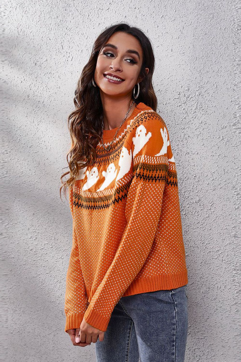 Ghost Pattern Round Neck Long Sleeve Sweater designed for comfort and style at Lookzlike