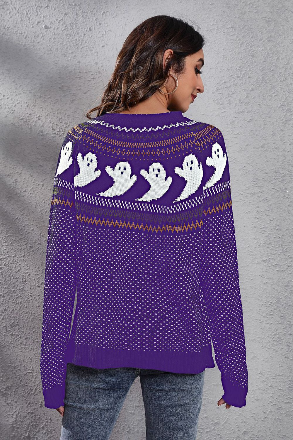 Ghost Pattern Round Neck Long Sleeve Sweater designed for comfort and style at Lookzlike