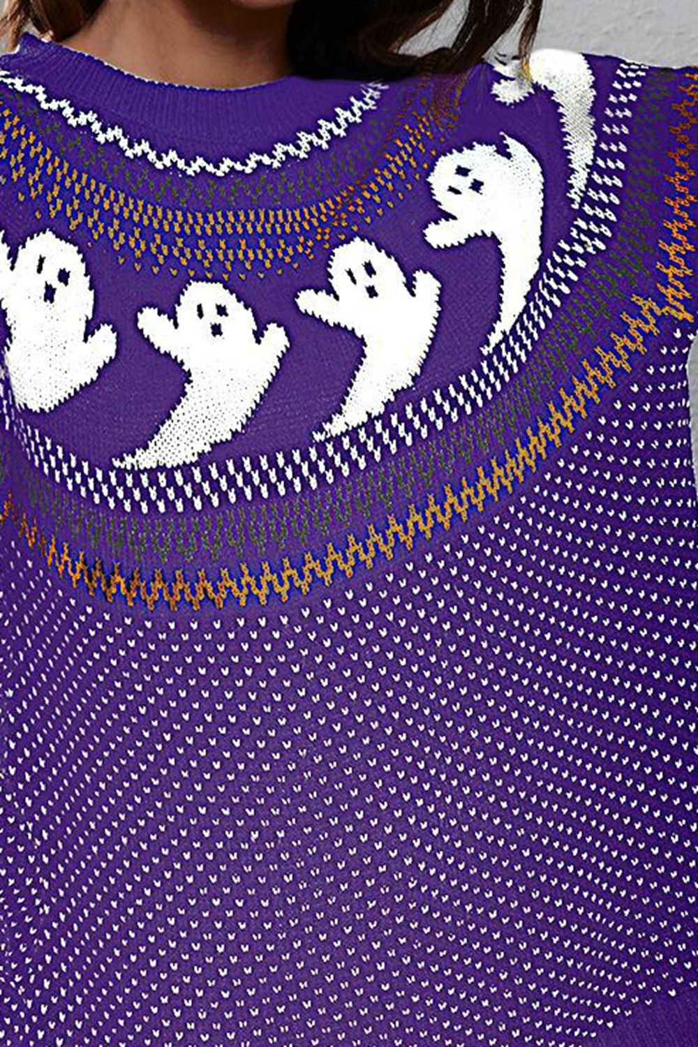 Ghost Pattern Round Neck Long Sleeve Sweater designed for comfort and style at Lookzlike