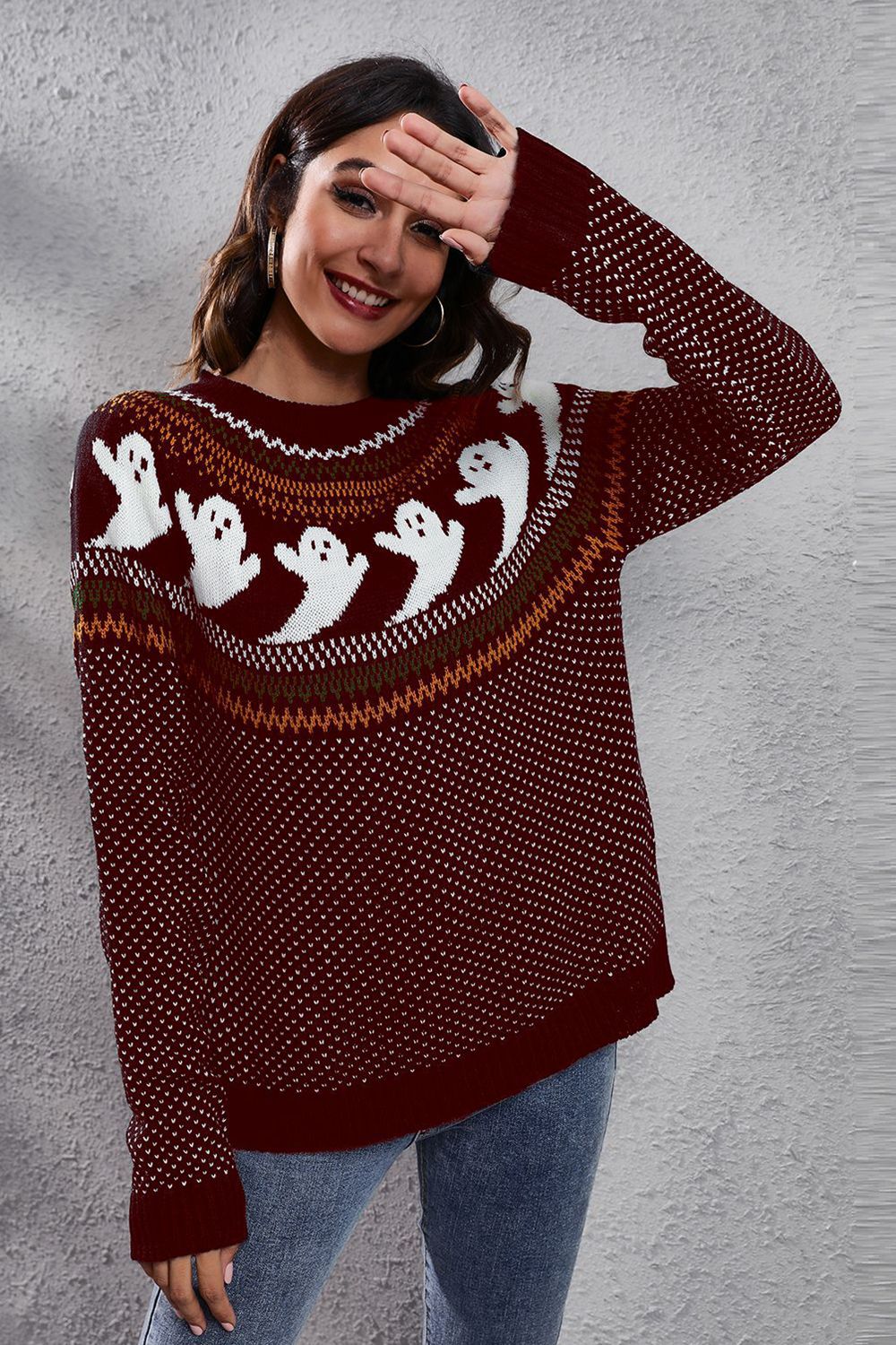 Ghost Pattern Round Neck Long Sleeve Sweater designed for comfort and style at Lookzlike