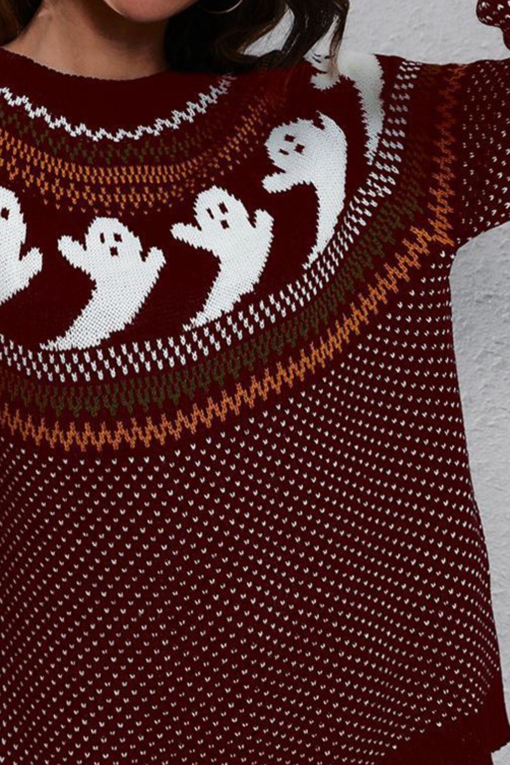 Ghost Pattern Round Neck Long Sleeve Sweater designed for comfort and style at Lookzlike