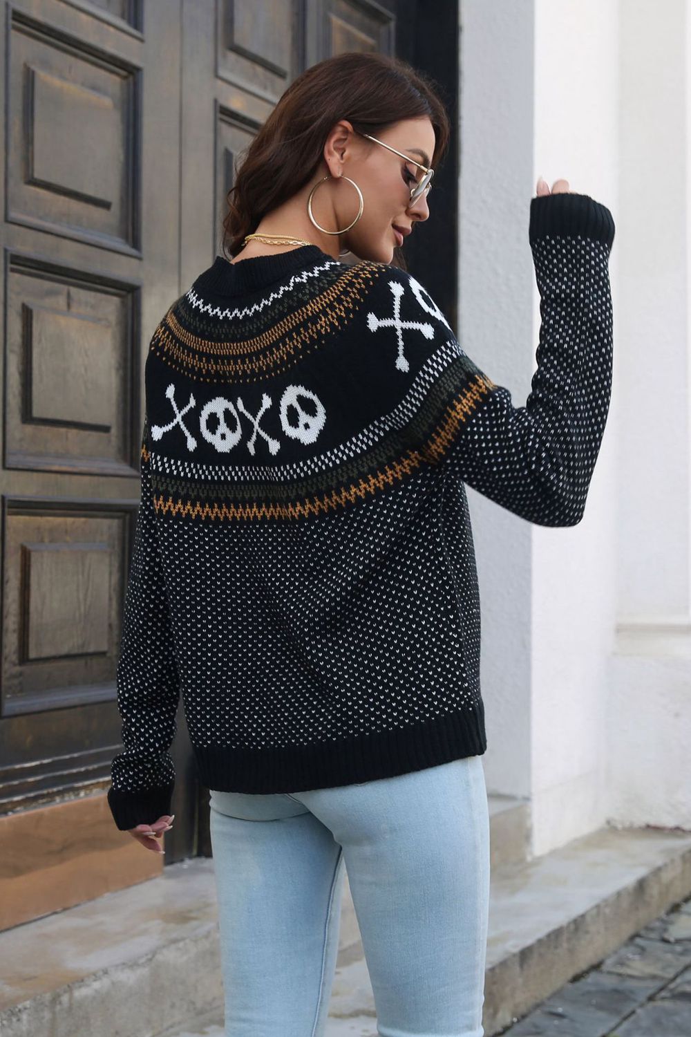 Ghost Pattern Round Neck Long Sleeve Sweater designed for comfort and style at Lookzlike