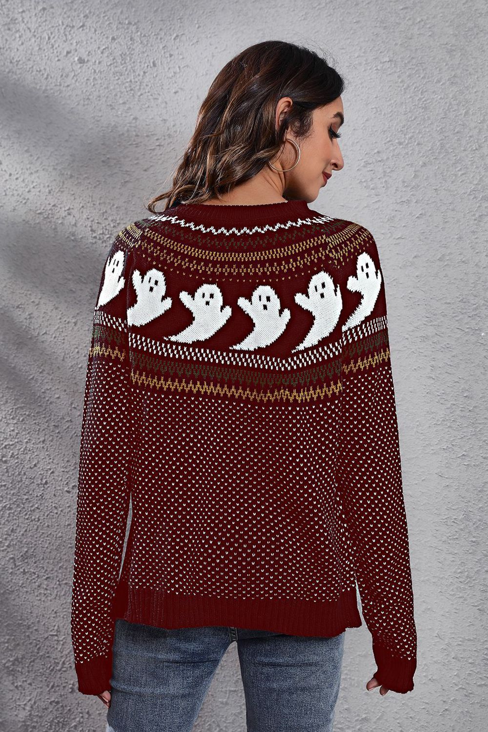 Ghost Pattern Round Neck Long Sleeve Sweater designed for comfort and style at Lookzlike