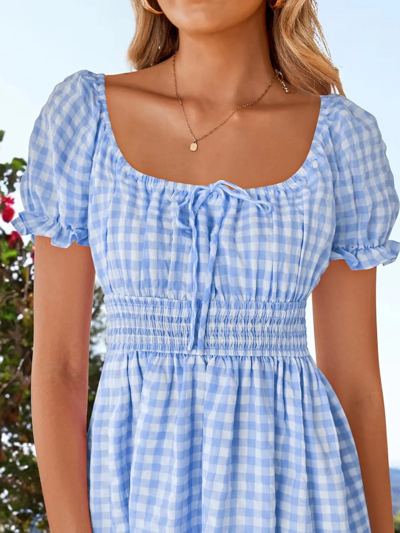 Gingham Smocked Puff Sleeve Summer Dress - Lookzlike
