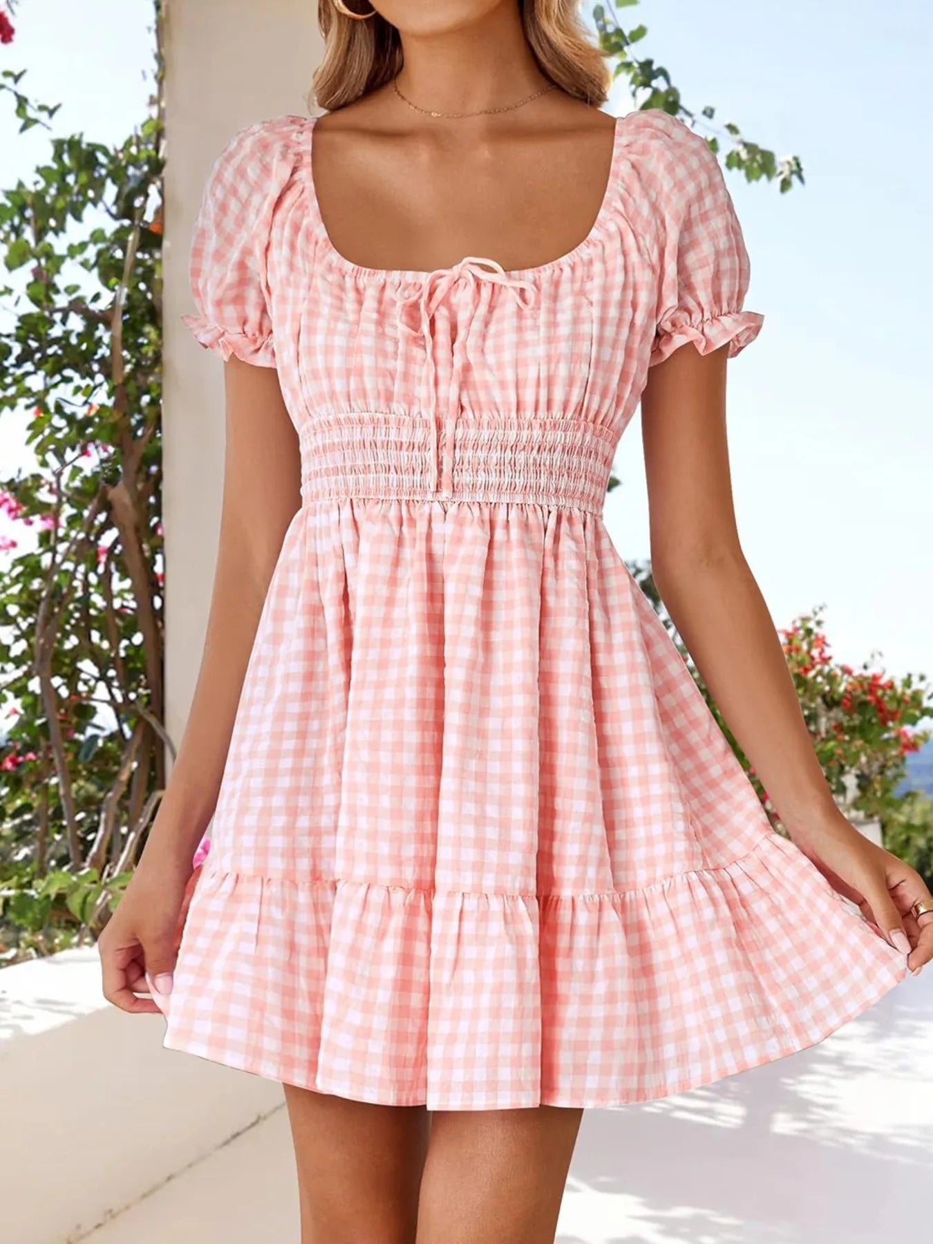 Gingham Smocked Puff Sleeve Summer Dress - Lookzlike