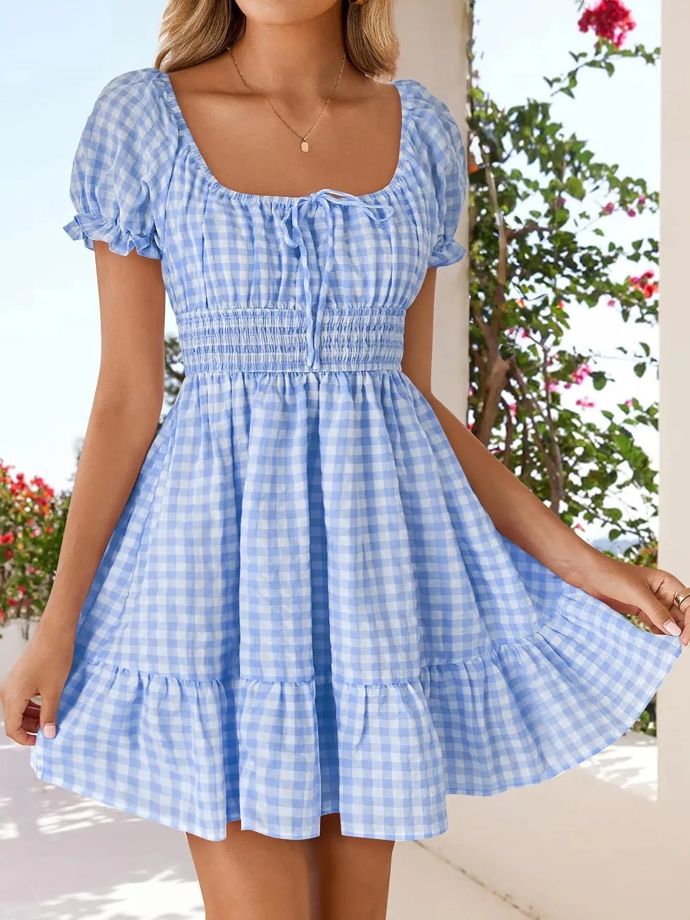 Gingham Smocked Puff Sleeve Summer Dress - Lookzlike