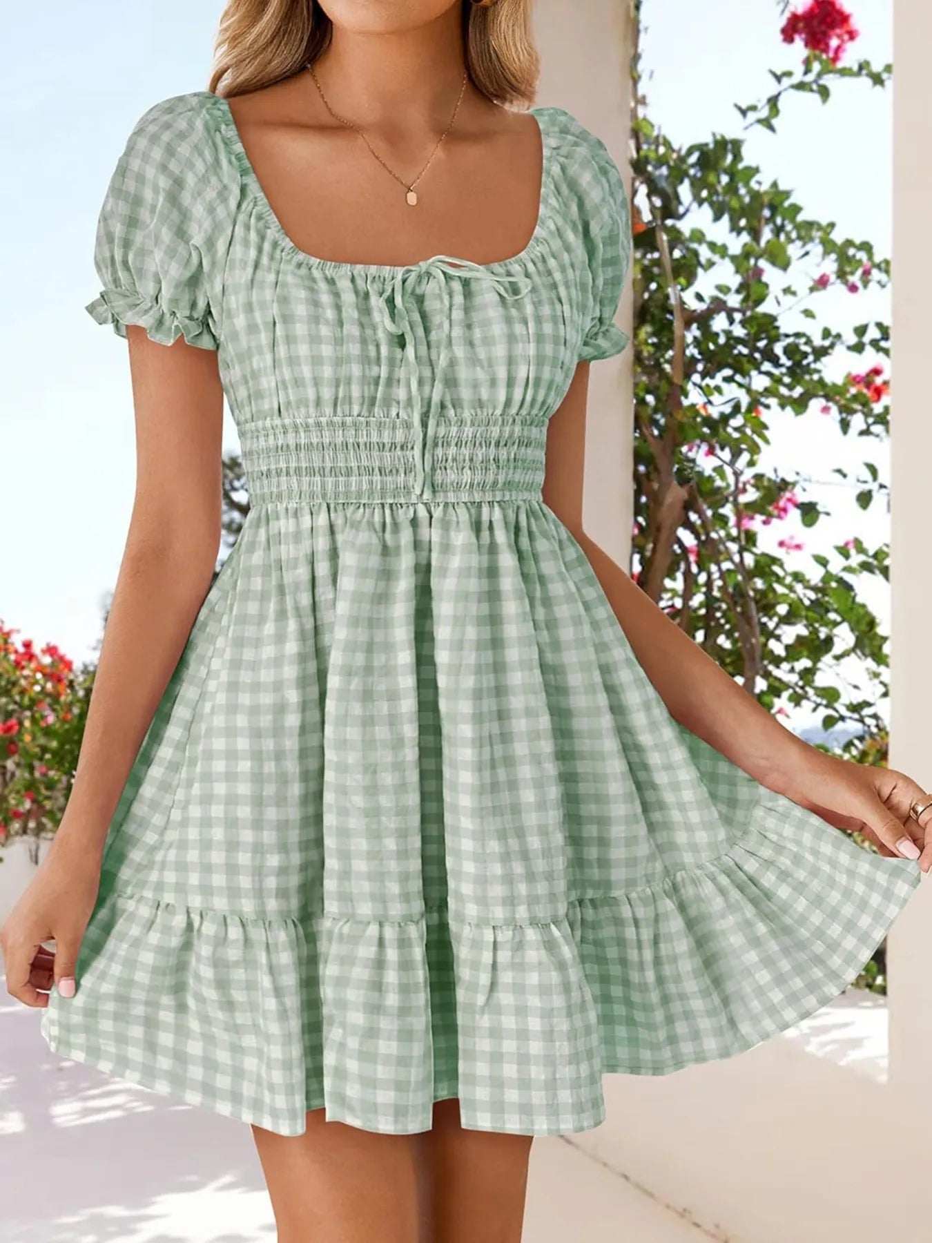 Gingham Smocked Puff Sleeve Summer Dress - Lookzlike