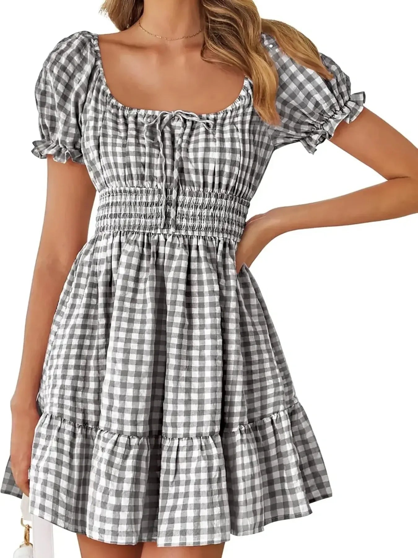 Gingham Smocked Puff Sleeve Summer Dress - Lookzlike