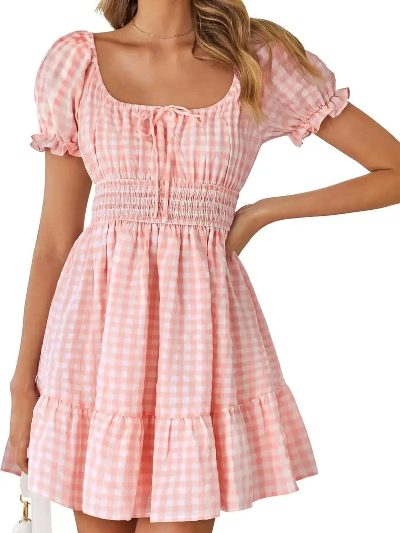 Gingham Smocked Puff Sleeve Summer Dress - Lookzlike