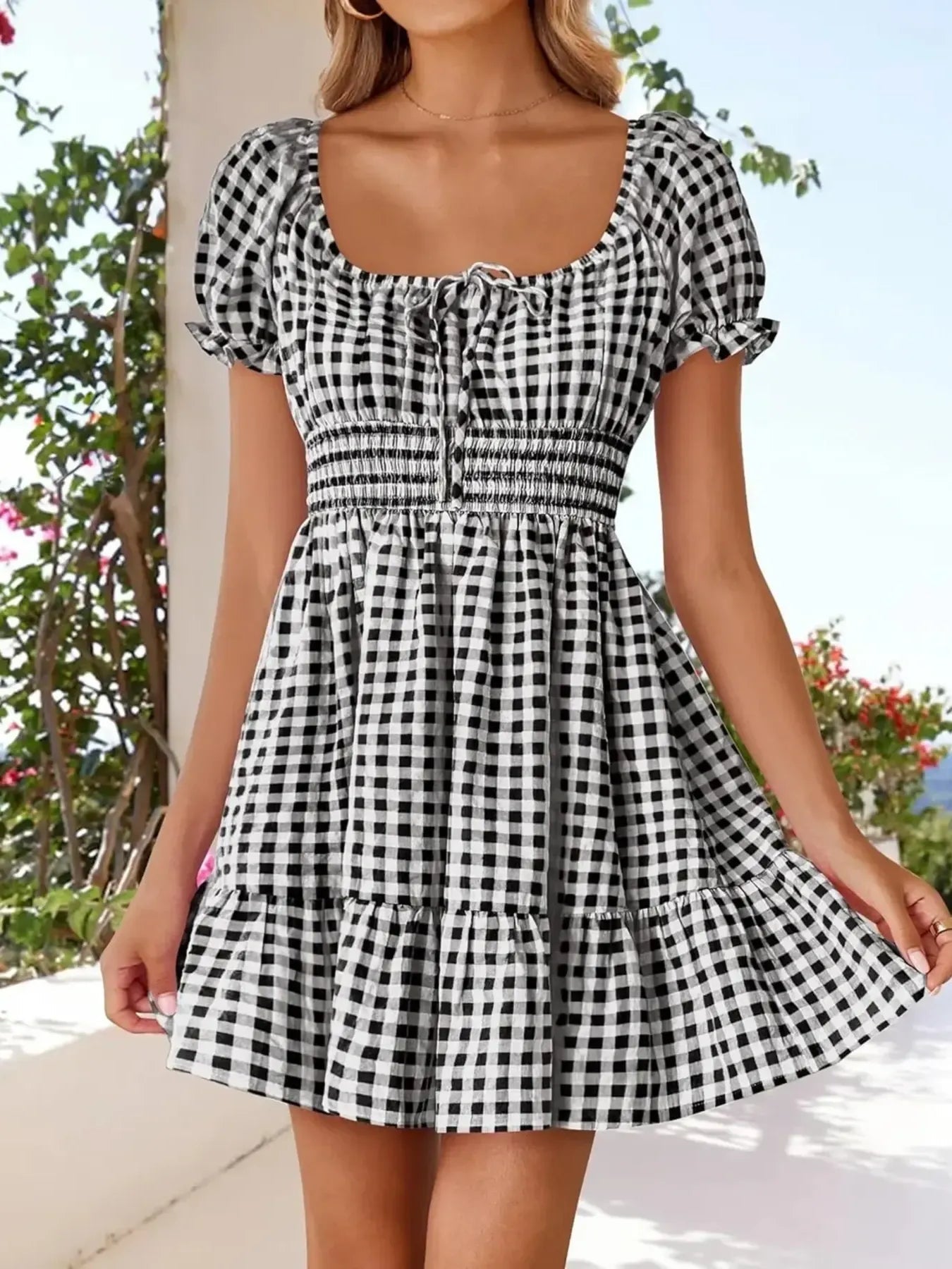 Gingham Smocked Puff Sleeve Summer Dress - Lookzlike