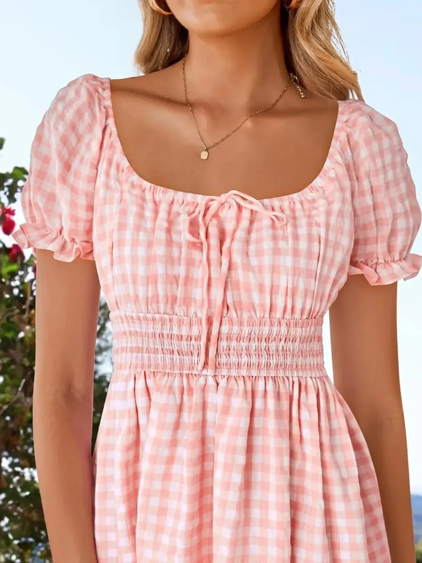 Gingham Smocked Puff Sleeve Summer Dress - Lookzlike