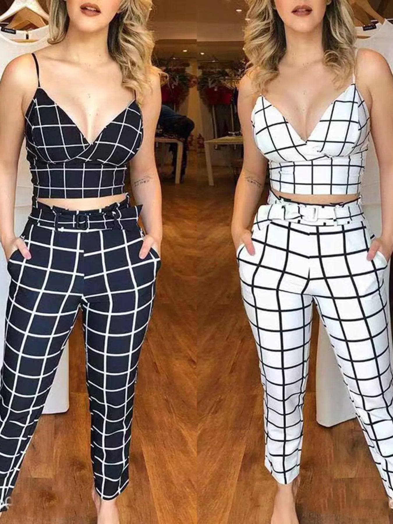 Grid Print Crop Top and Pants Set designed for comfort and style at Lookzlike