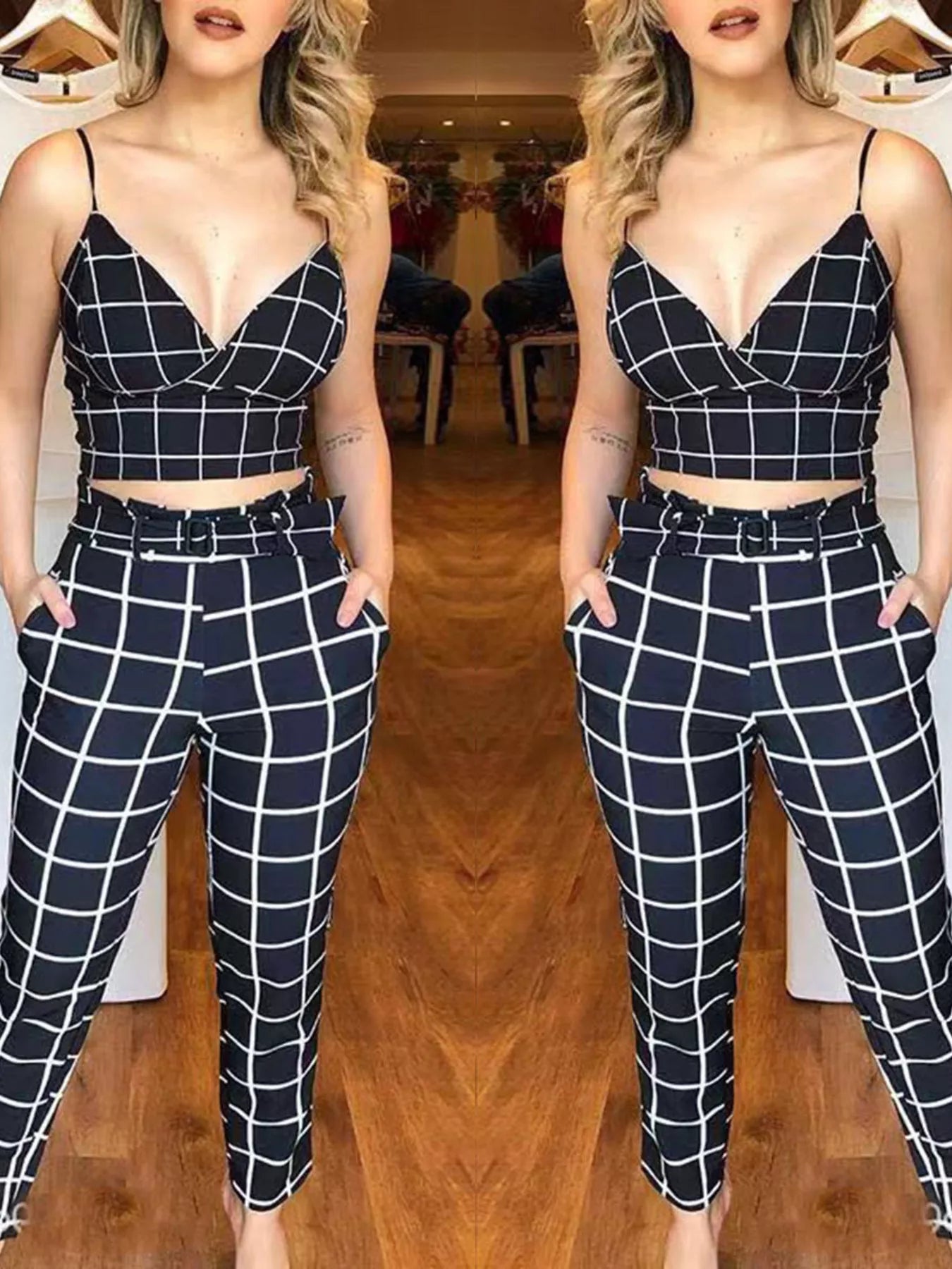 Grid Print Crop Top and Pants Set designed for comfort and style at Lookzlike