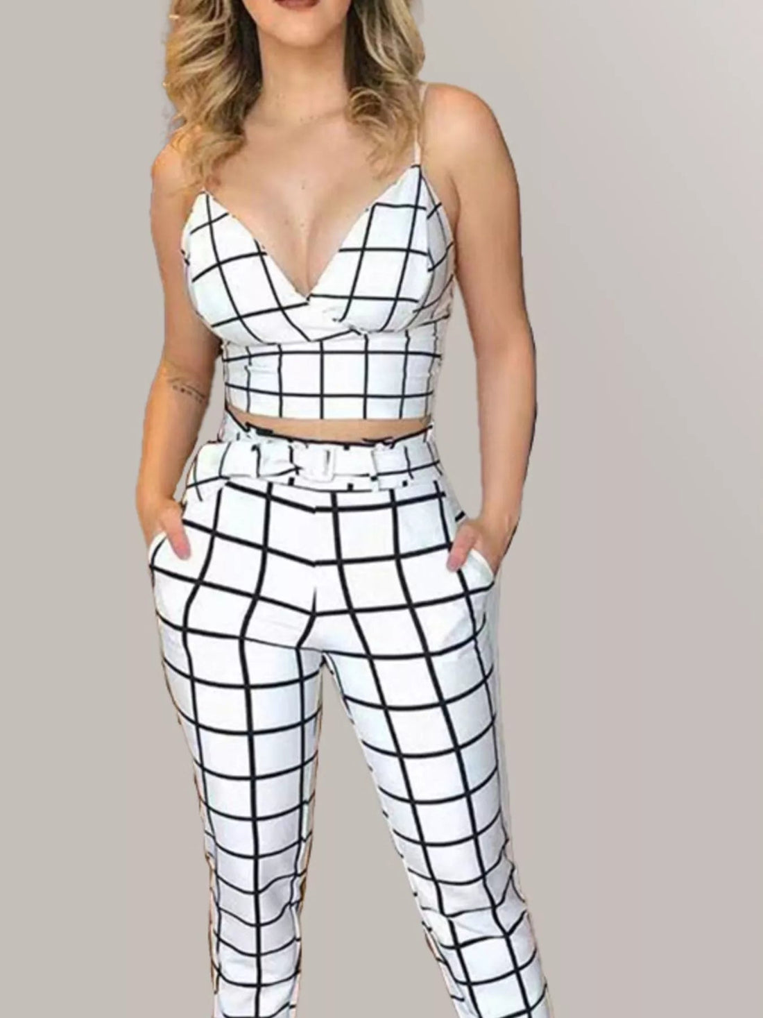 Grid Print Crop Top and Pants Set designed for comfort and style at Lookzlike