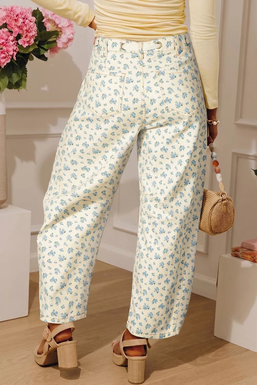 Grommet Knot Waist Floral Barrel Leg Jeans designed for comfort and style at Lookzlike