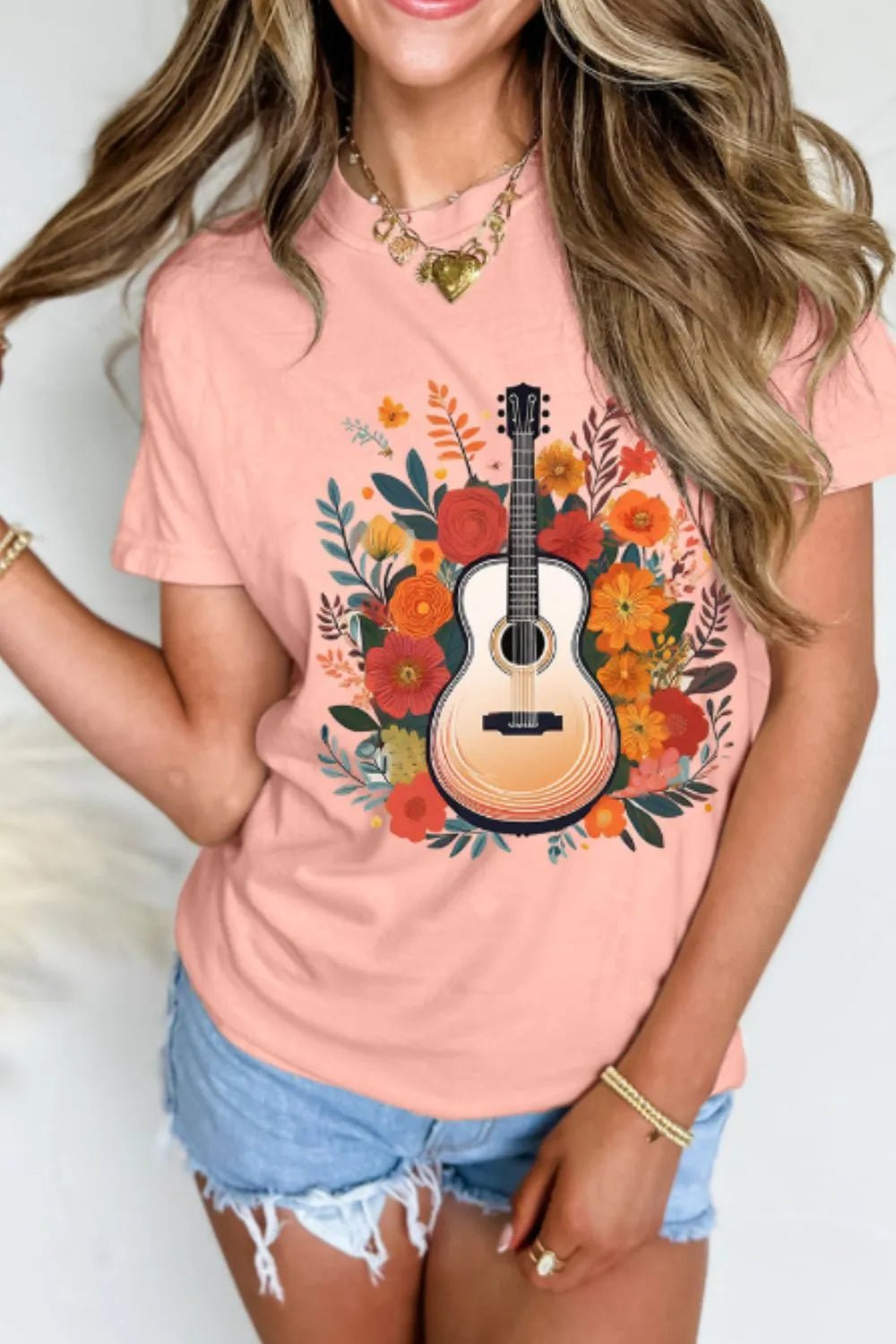 Guitar Flower Print Crew Neck Loose T Shirt - Lookzlike