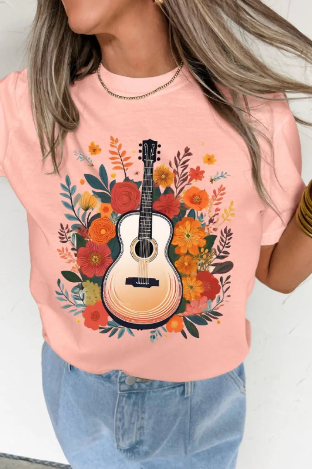 Guitar Flower Print Crew Neck Loose T Shirt - Lookzlike