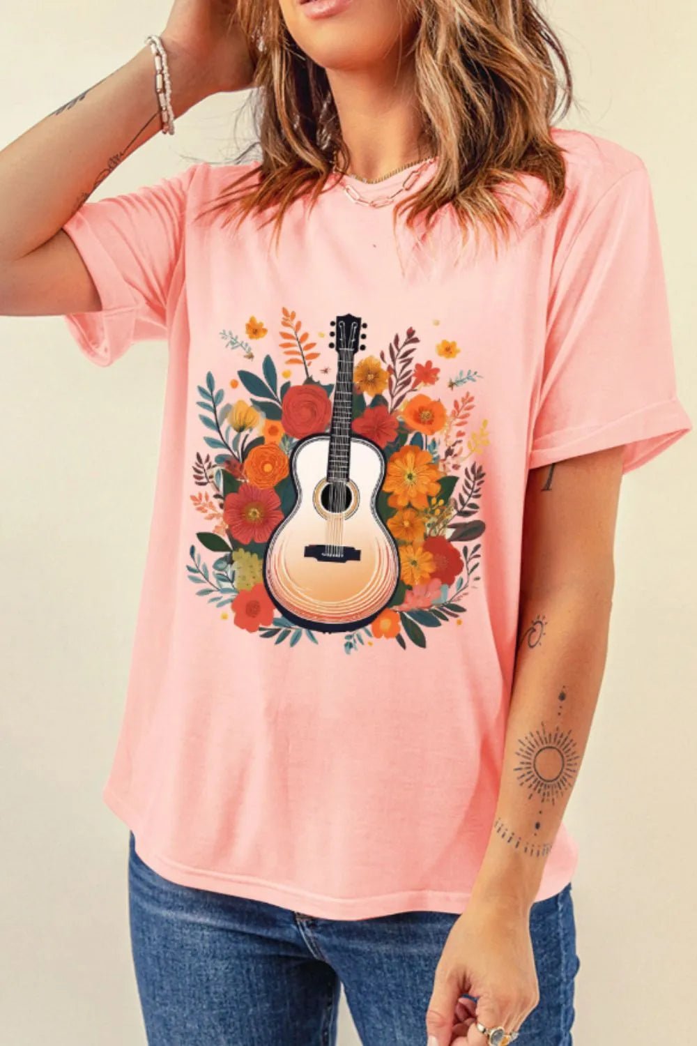 Guitar Flower Print Crew Neck Loose T Shirt - Lookzlike