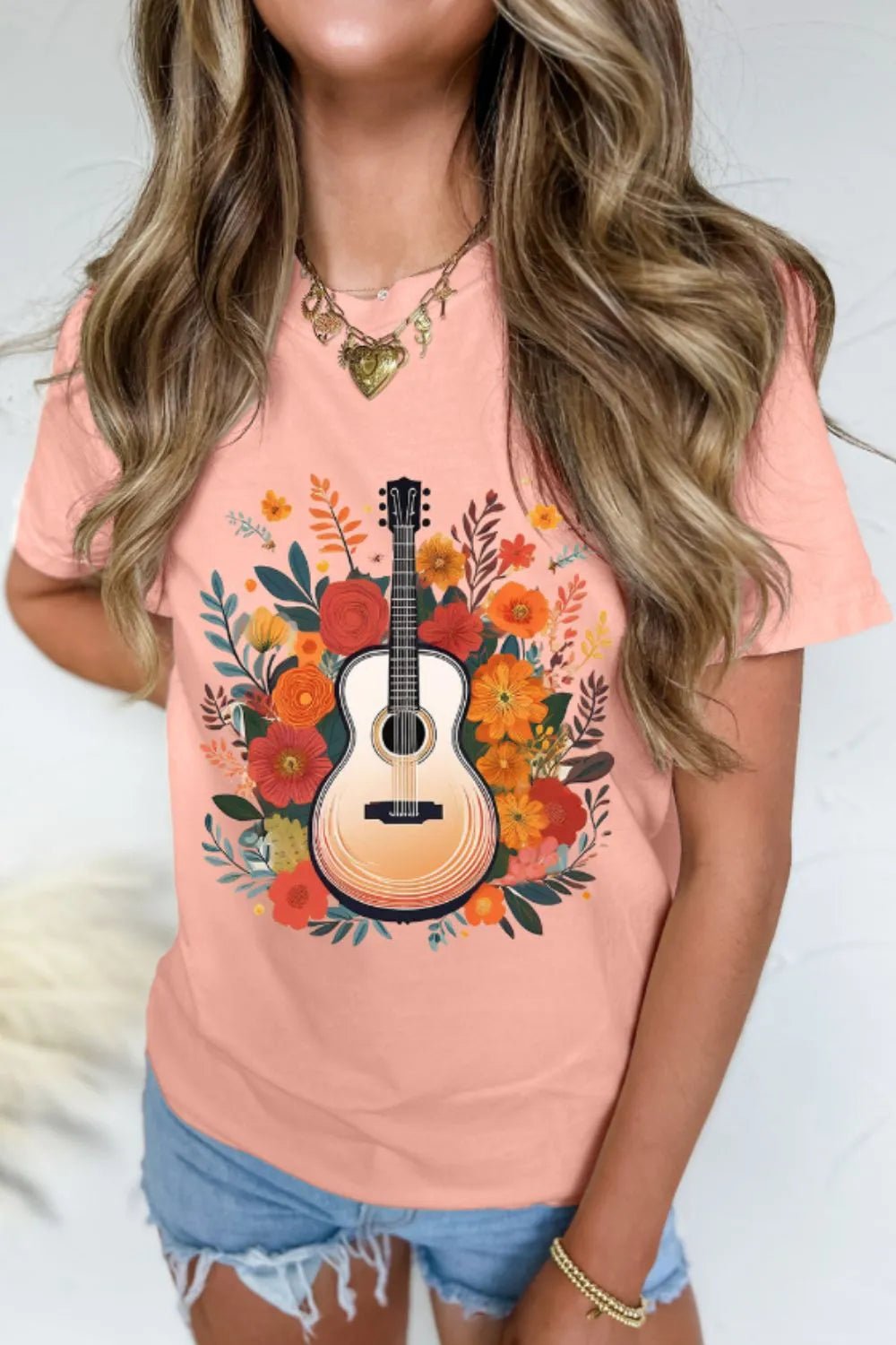 Guitar Flower Print Crew Neck Loose T Shirt - Lookzlike