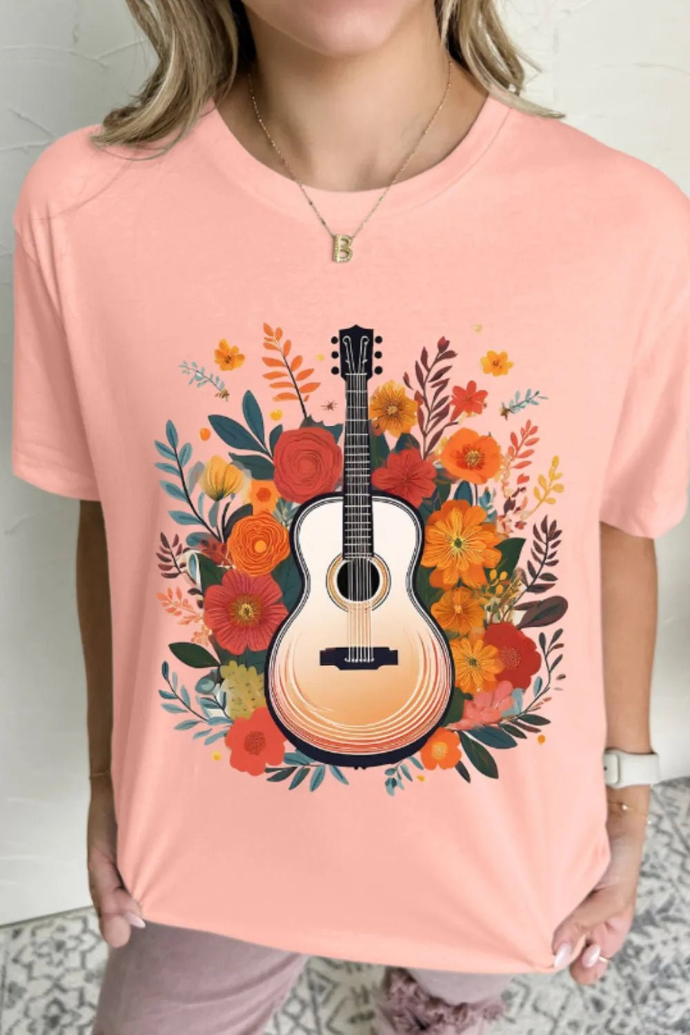 Guitar Flower Print Crew Neck Loose T Shirt - Lookzlike