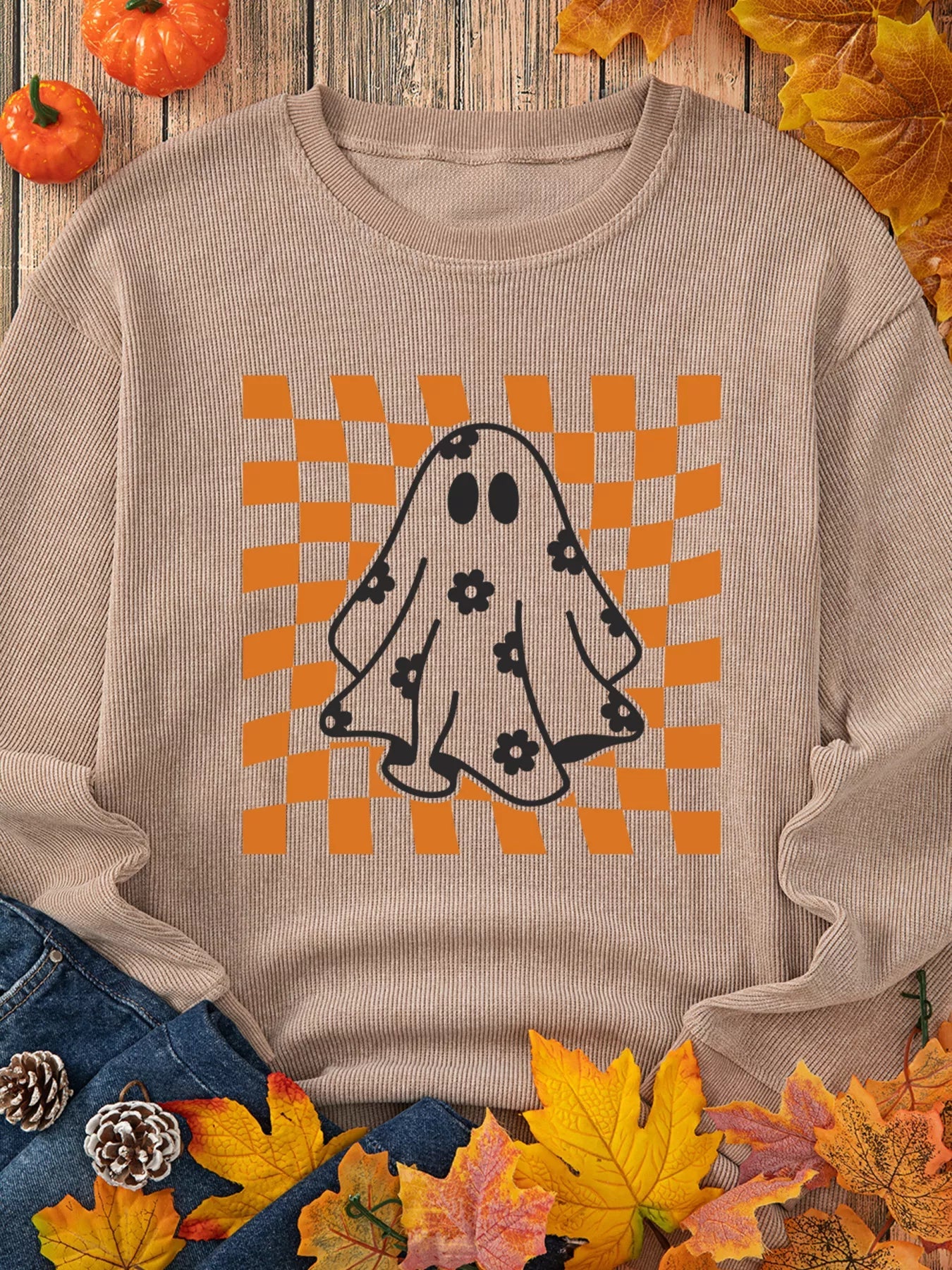 Halloween Checkerboard Floral Ghost Graphic Corded Sweatshirt designed for comfort and style at Lookzlike